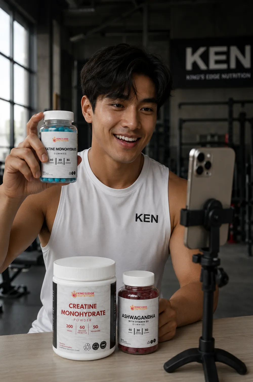 A KEN creator presenting creatine gummies to camera in the KEN gym