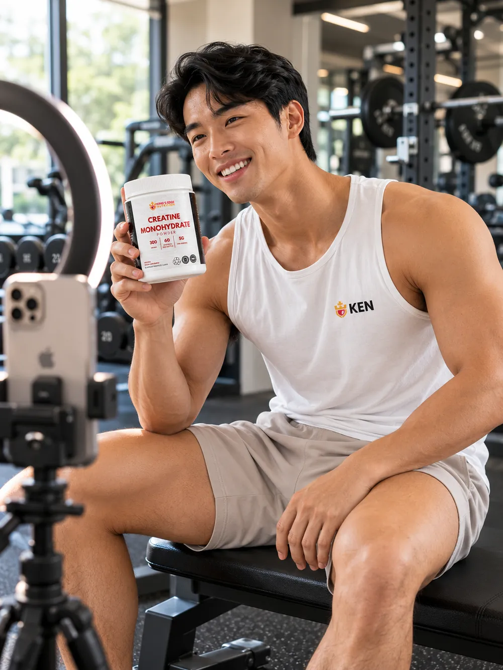 A creator filming a product review with a ring light in the gym