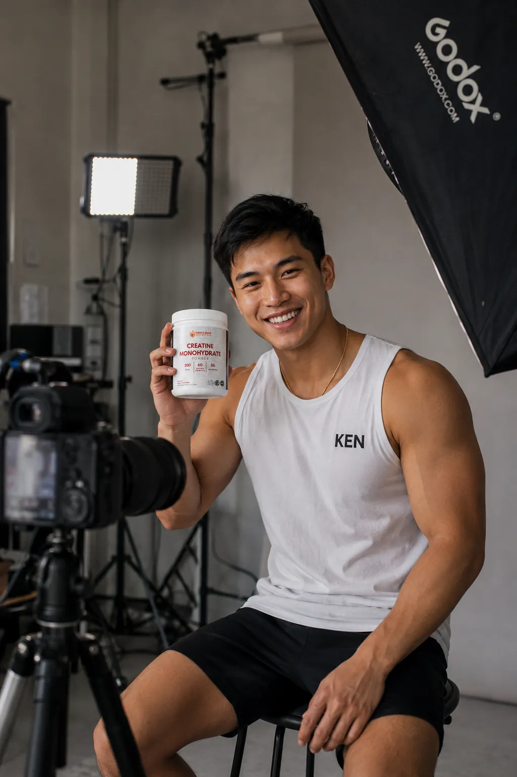 A photographer shooting a KEN partner athlete in a lit studio